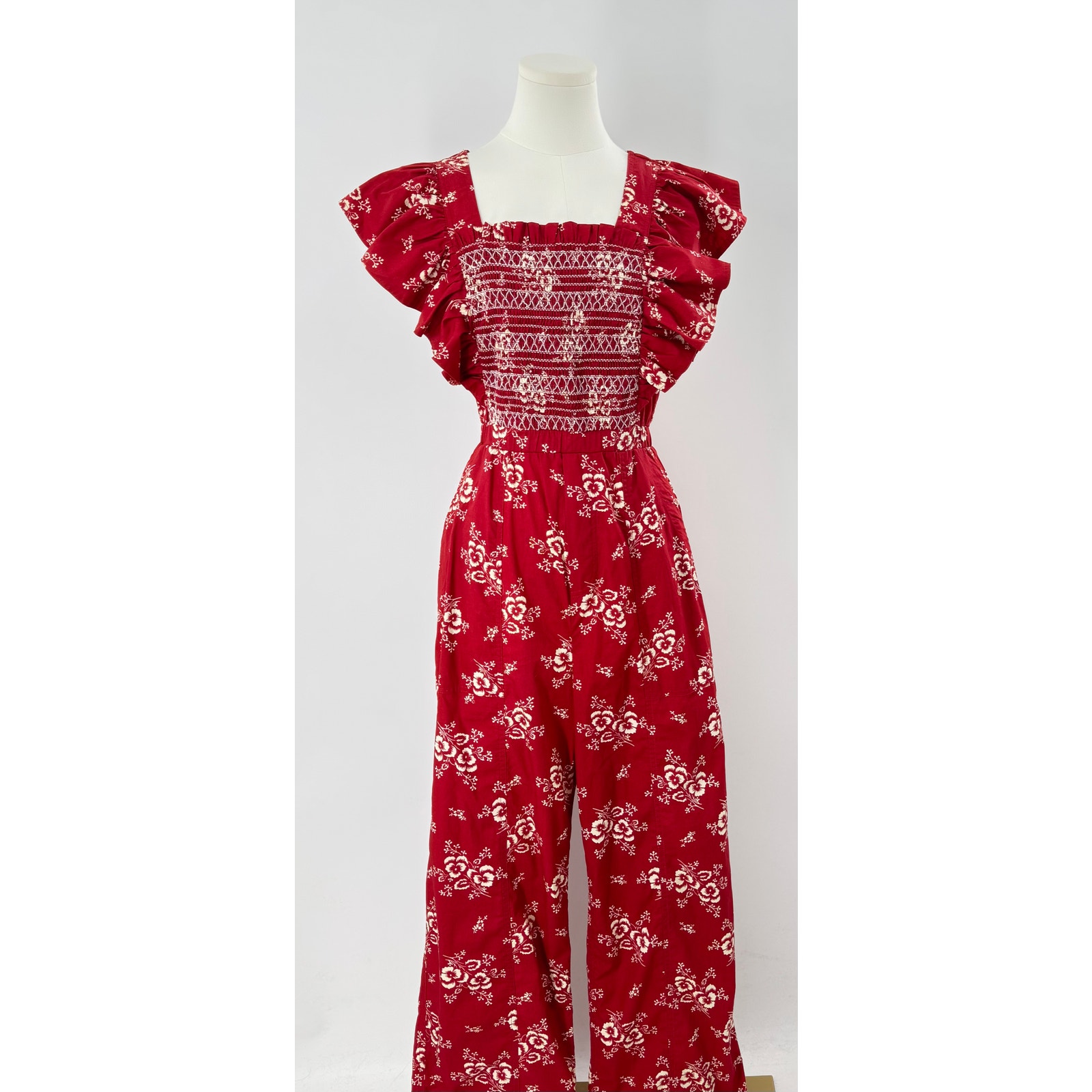 Sea New York Alessia Red Floral Smocked Ruffle Pantsuit Cotton Jumpsuit 4